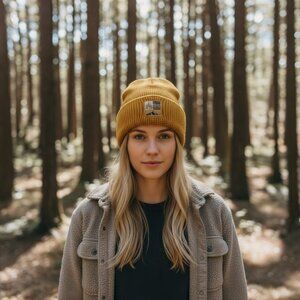 Mustard Yellow Knit Toboggan Beanie | Warm Stretch Fit | Custom Adventure Patch